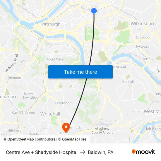 Centre Ave + Shadyside Hospital to Baldwin, PA map