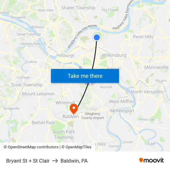 Bryant St + St Clair to Baldwin, PA map
