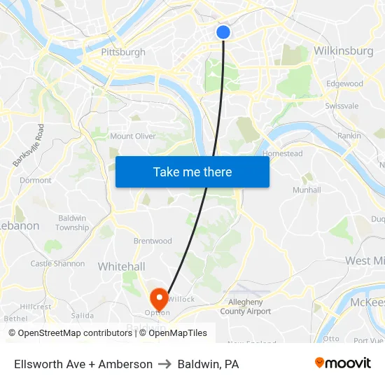 Ellsworth Ave + Amberson to Baldwin, PA map