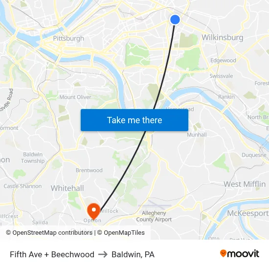 Fifth Ave + Beechwood to Baldwin, PA map