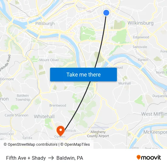 Fifth Ave + Shady to Baldwin, PA map