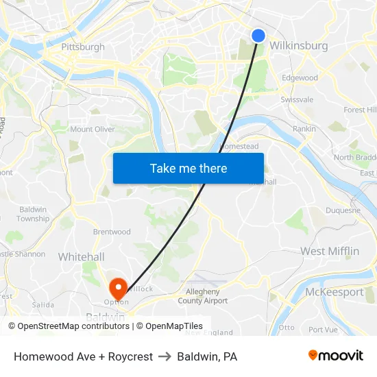 Homewood Ave + Roycrest to Baldwin, PA map