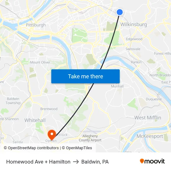 Homewood Ave + Hamilton to Baldwin, PA map