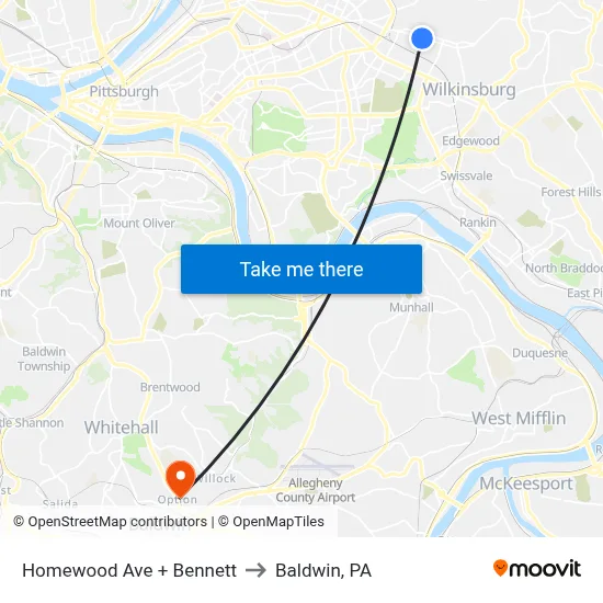 Homewood Ave + Bennett to Baldwin, PA map