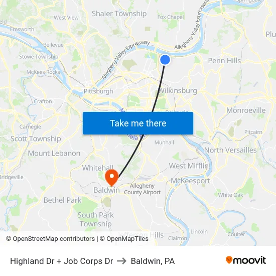 Highland Dr + Job Corps Dr to Baldwin, PA map