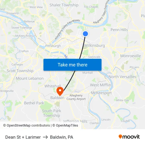 Dean St + Larimer to Baldwin, PA map
