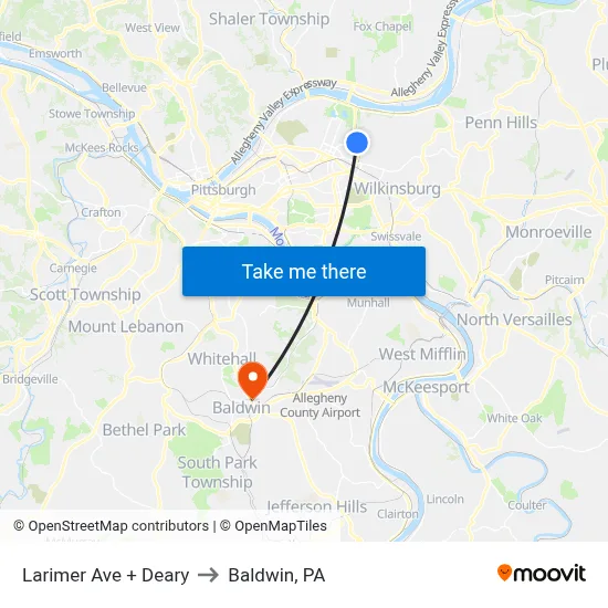 Larimer Ave + Deary to Baldwin, PA map