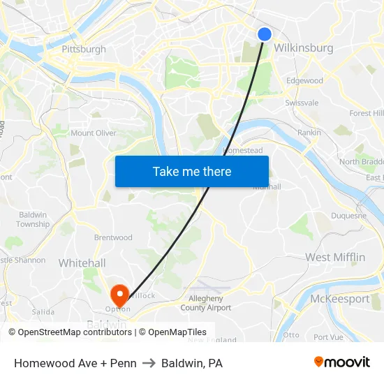 Homewood Ave + Penn to Baldwin, PA map