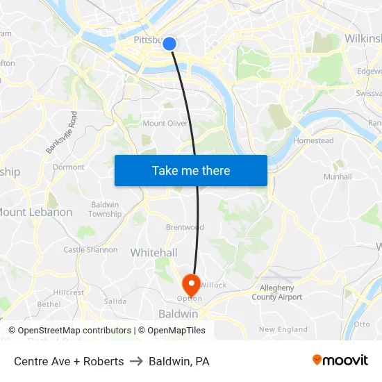 Centre Ave + Roberts to Baldwin, PA map