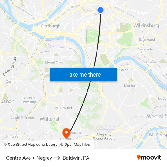Centre Ave + Negley to Baldwin, PA map