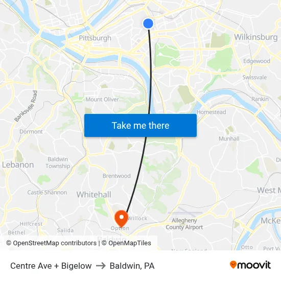 Centre Ave + Bigelow to Baldwin, PA map