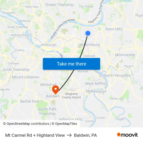 Mt Carmel Rd + Highland View to Baldwin, PA map
