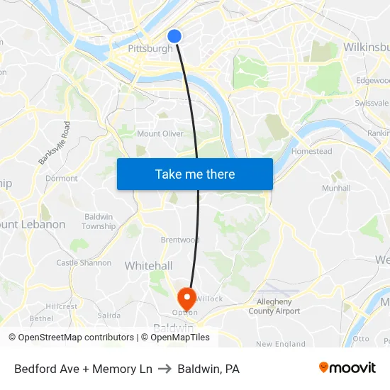 Bedford Ave + Memory Ln to Baldwin, PA map
