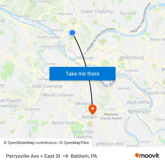 Perrysville Ave + East St to Baldwin, PA map
