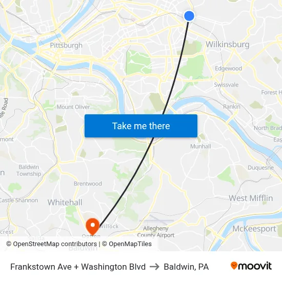 Frankstown Ave + Washington Blvd to Baldwin, PA map