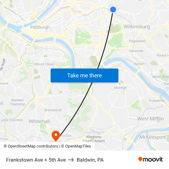Frankstown Ave + 5th Ave to Baldwin, PA map