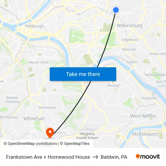 Frankstown Ave + Homewood House to Baldwin, PA map
