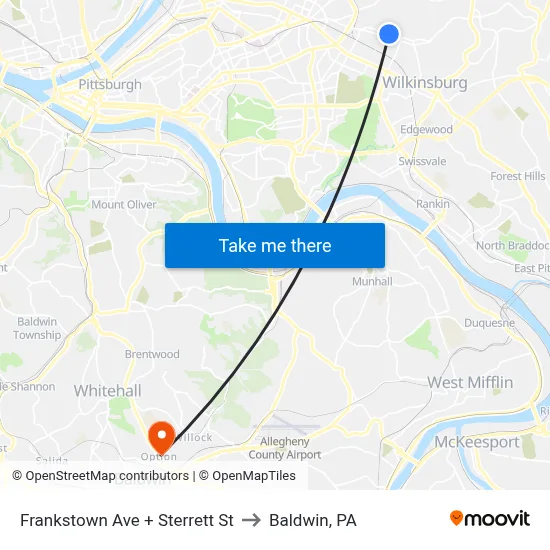Frankstown Ave + Sterrett St to Baldwin, PA map