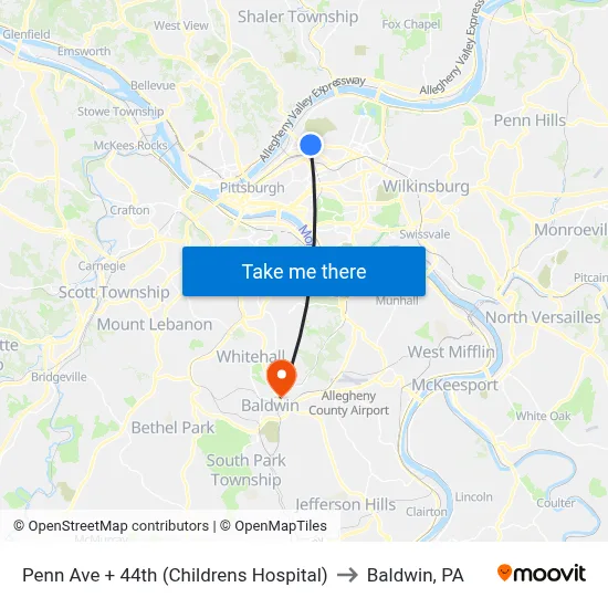 Penn Ave + 44th (Childrens Hospital) to Baldwin, PA map