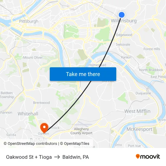 Oakwood St + Tioga to Baldwin, PA map