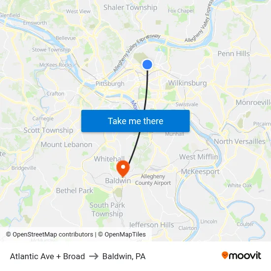 Atlantic Ave + Broad to Baldwin, PA map
