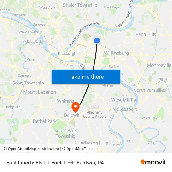 East Liberty Blvd + Euclid to Baldwin, PA map