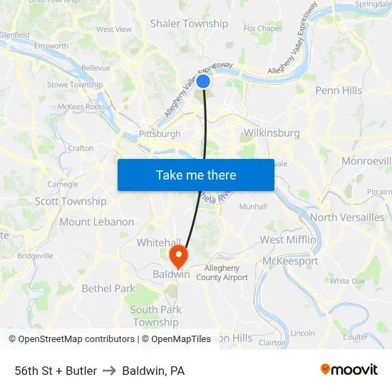 56th St + Butler to Baldwin, PA map
