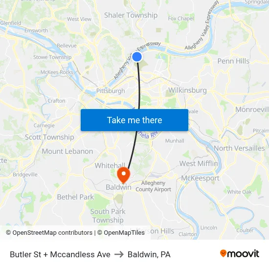 Butler St + Mccandless Ave to Baldwin, PA map