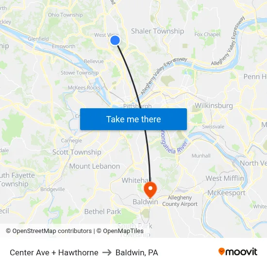 Center Ave + Hawthorne to Baldwin, PA map