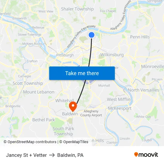 Jancey St + Vetter to Baldwin, PA map