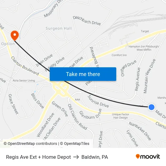Regis Ave Ext + Home Depot to Baldwin, PA map
