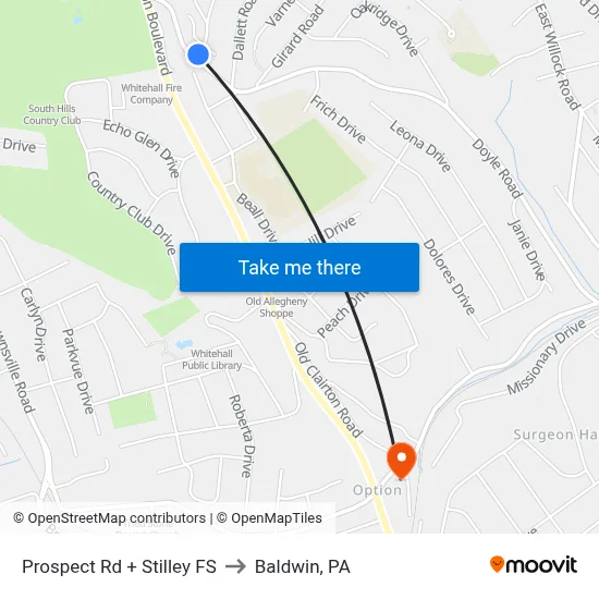 Prospect Rd + Stilley FS to Baldwin, PA map
