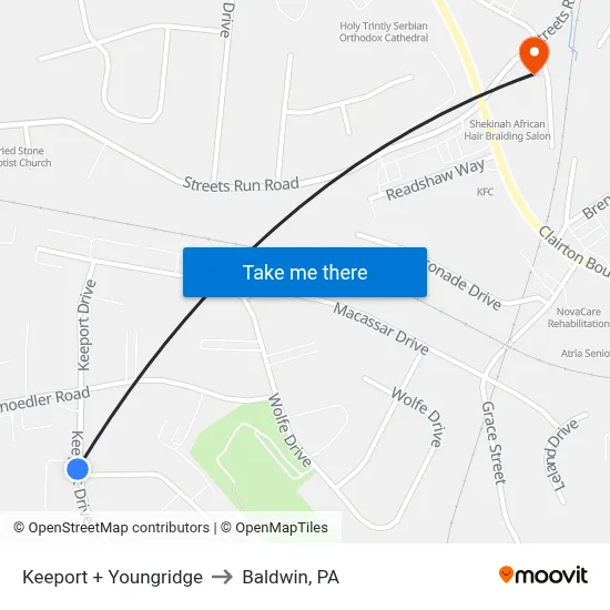 Keeport + Youngridge to Baldwin, PA map