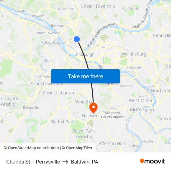 Charles St + Perrysville to Baldwin, PA map