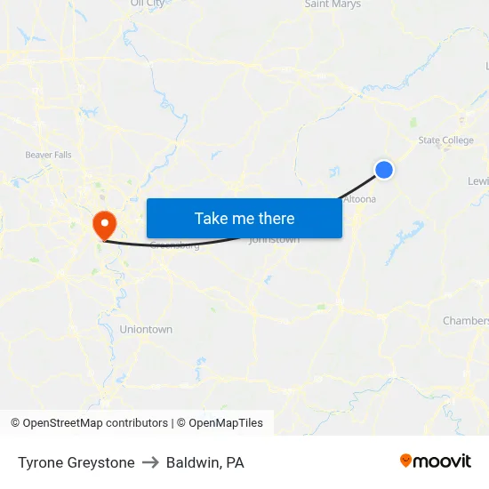 Tyrone Greystone to Baldwin, PA map