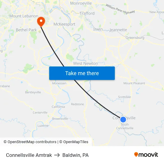 Connellsville Amtrak to Baldwin, PA map