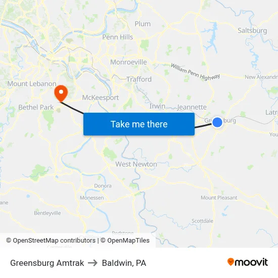 Greensburg Amtrak to Baldwin, PA map