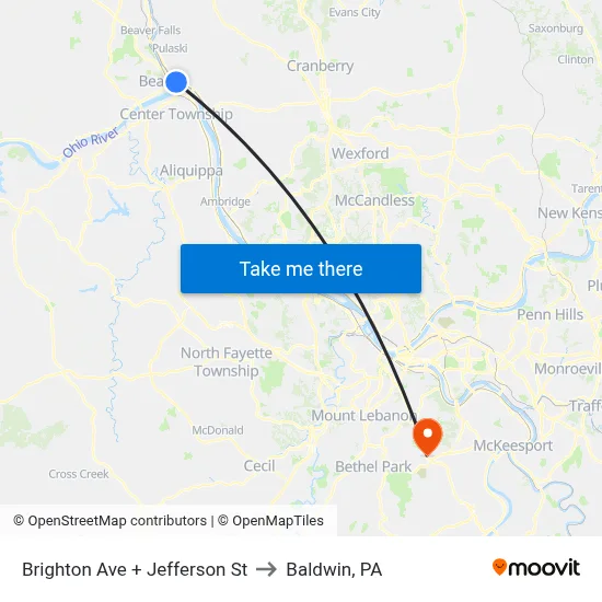 Brighton Ave + Jefferson St to Baldwin, PA map