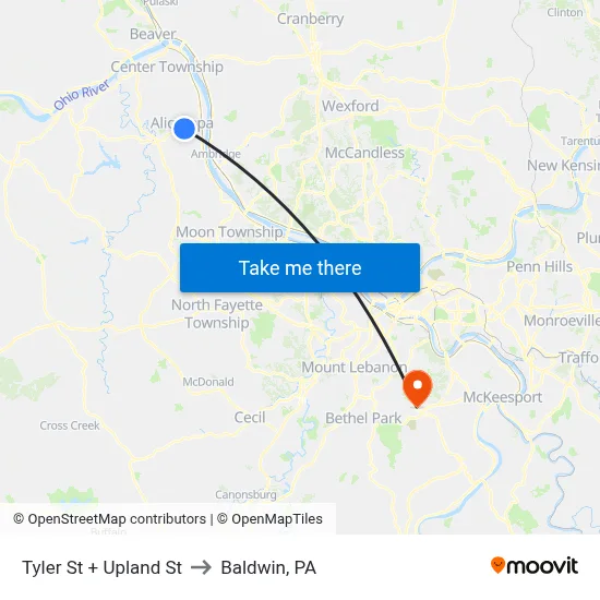 Tyler St + Upland St to Baldwin, PA map