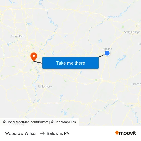 Woodrow Wilson to Baldwin, PA map