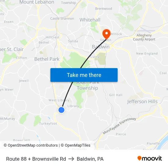 Route 88 + Brownsville Rd to Baldwin, PA map