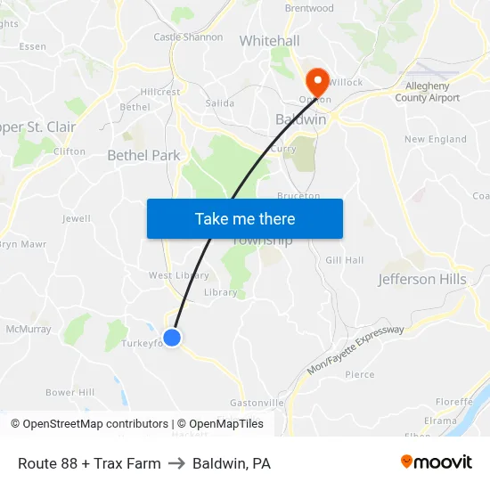 Route 88 + Trax Farm to Baldwin, PA map