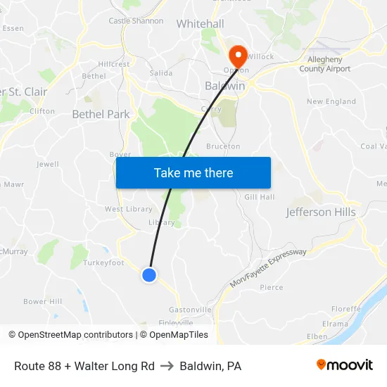 Route 88 + Walter Long Rd to Baldwin, PA map