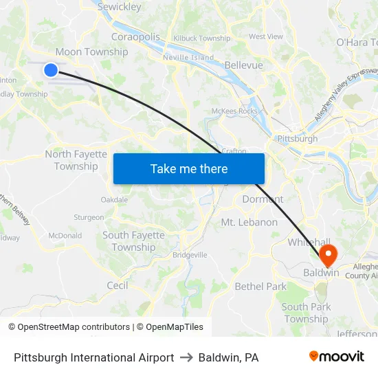 Pittsburgh International Airport to Baldwin, PA map