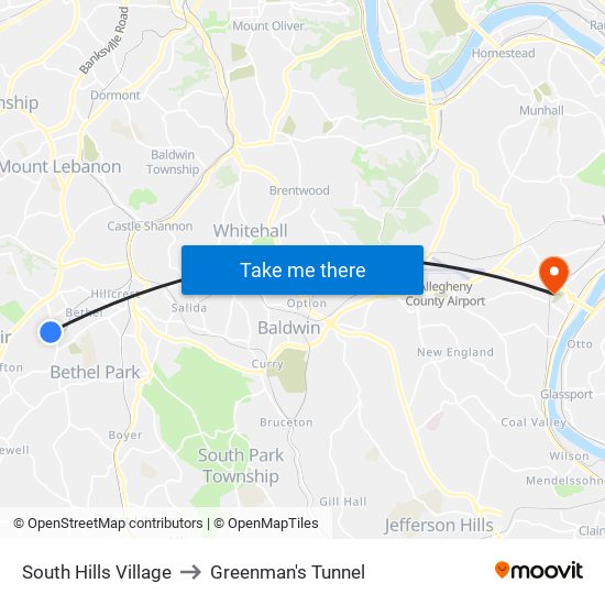 South Hills Village to Greenman's Tunnel map