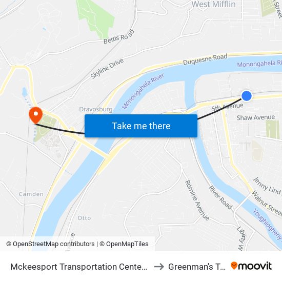 Mckeesport Transportation Center at Bay #2 to Greenman's Tunnel map