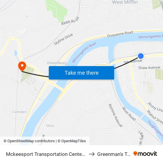 Mckeesport Transportation Center at Bay #4 to Greenman's Tunnel map