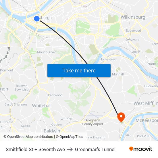 Smithfield St + Seventh Ave to Greenman's Tunnel map