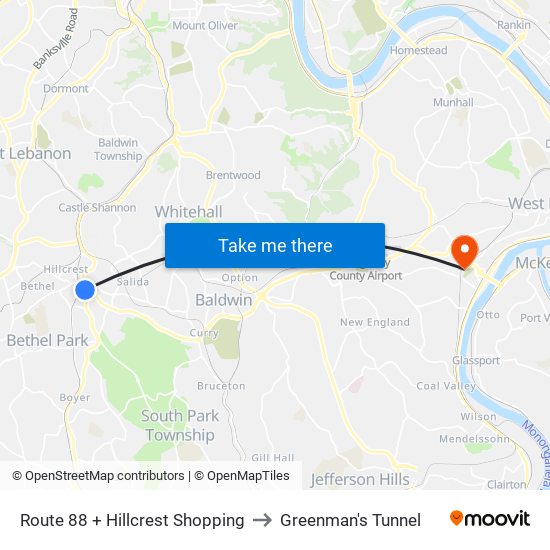 Route 88 + Hillcrest Shopping to Greenman's Tunnel map