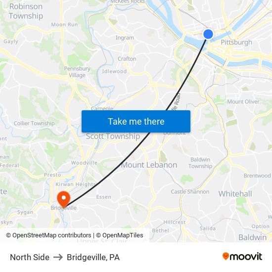 North Side to Bridgeville, PA map